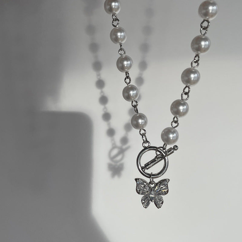 Fashion Stone Pearl butterfly Choker Collar Necklace