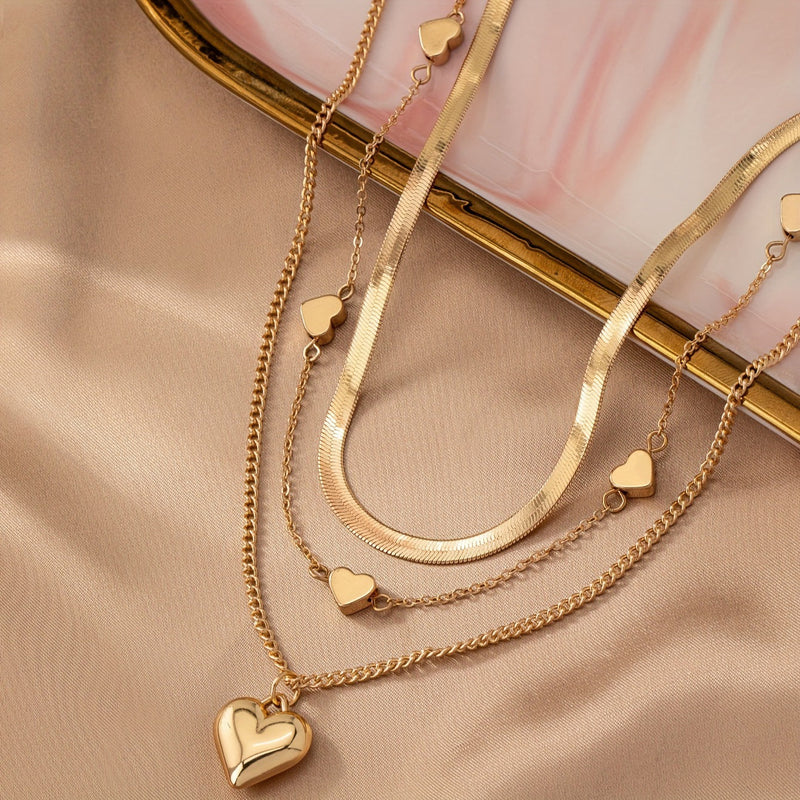 Multi Layered 3pcs Peach Heart Pearl Snake Chain Necklace