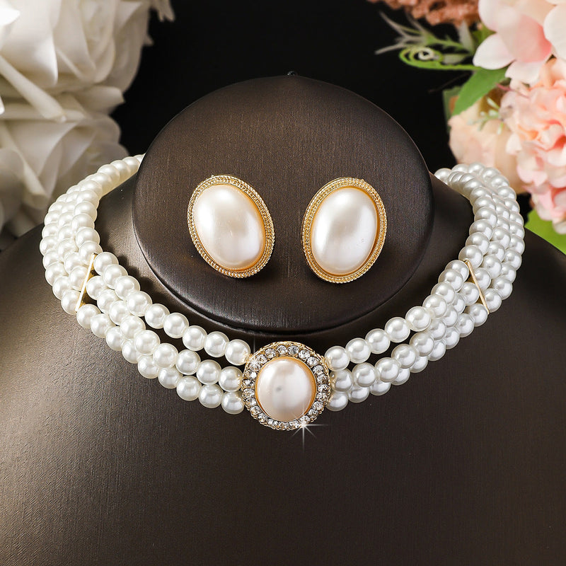 Vintage Oval Rhinestone Bridal Pearl Necklace Style Dress Wedding Set