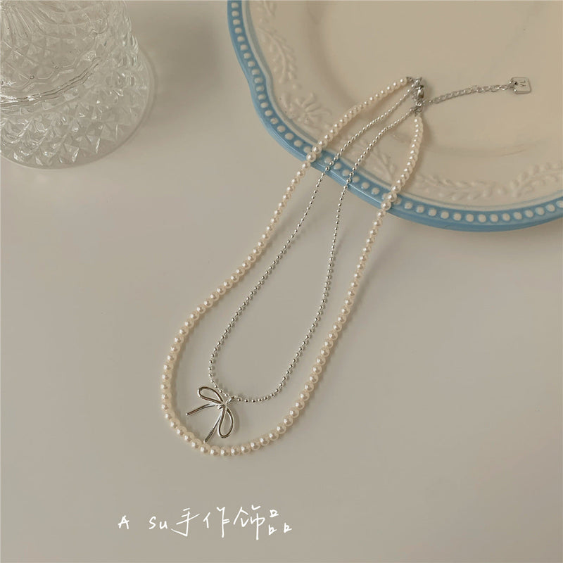 Bow Knot Shape Necklace Women Pearl Beads Necklace