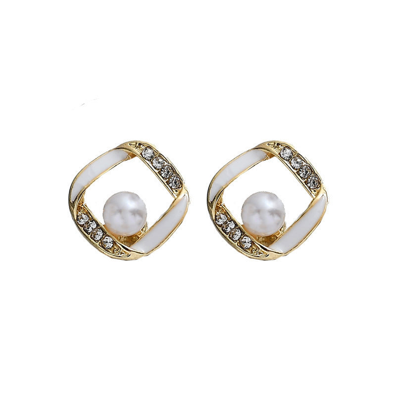 Geometry Hollow Rhinestone Pearl Stud Earrings