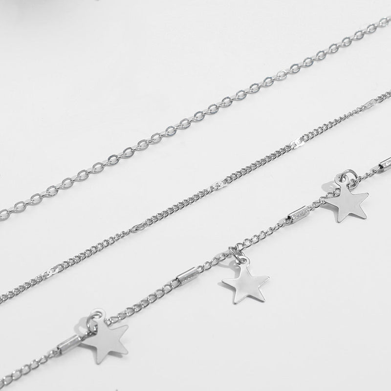 Multi-layer Star Pentagram Tassel Moon Pendant Chain Necklace