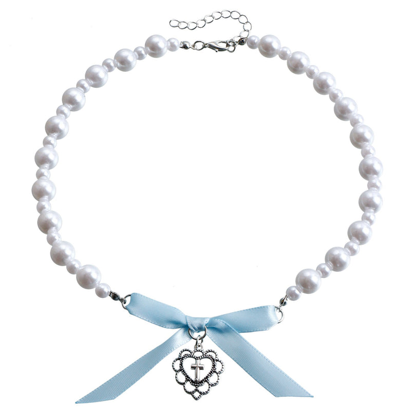 Trendy Heart with Cross Imitation Pearl Ribbon Bow Choker