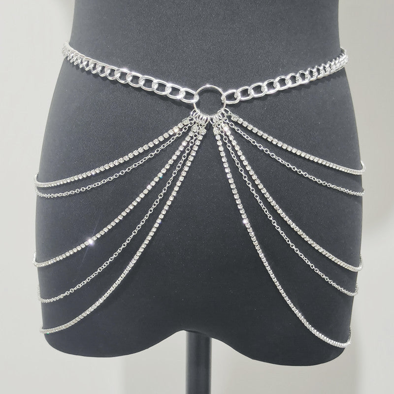 Fashion Metal Rhinestone Waist Chain Tassel Multi-layer Waist Chain