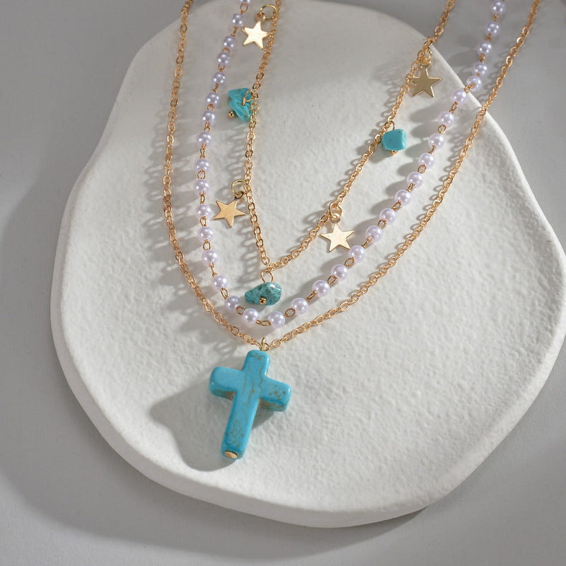 Turquoise Cross Pendant Stars Stone Pearl Multi-Layered