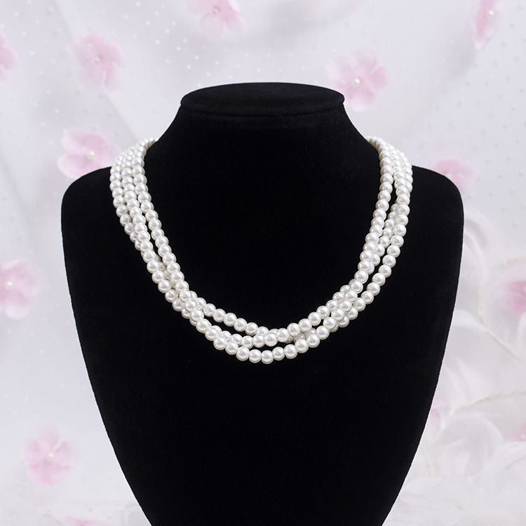 Faux Pearl Bib Multi Strand Statement Layered Necklace