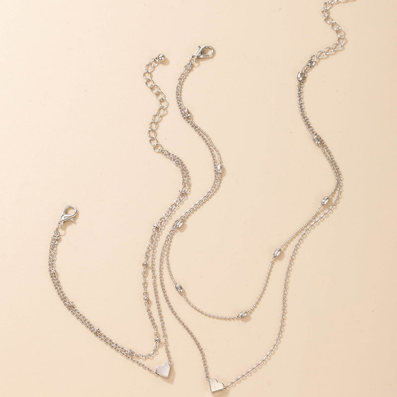 Multi Layer Clavicle Chain Peach Heart Pendant Necklace Jewelry Set