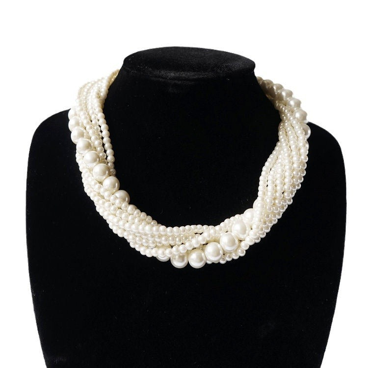 Vintage Choker Faux Pearl Multi Strand Twisted Necklace
