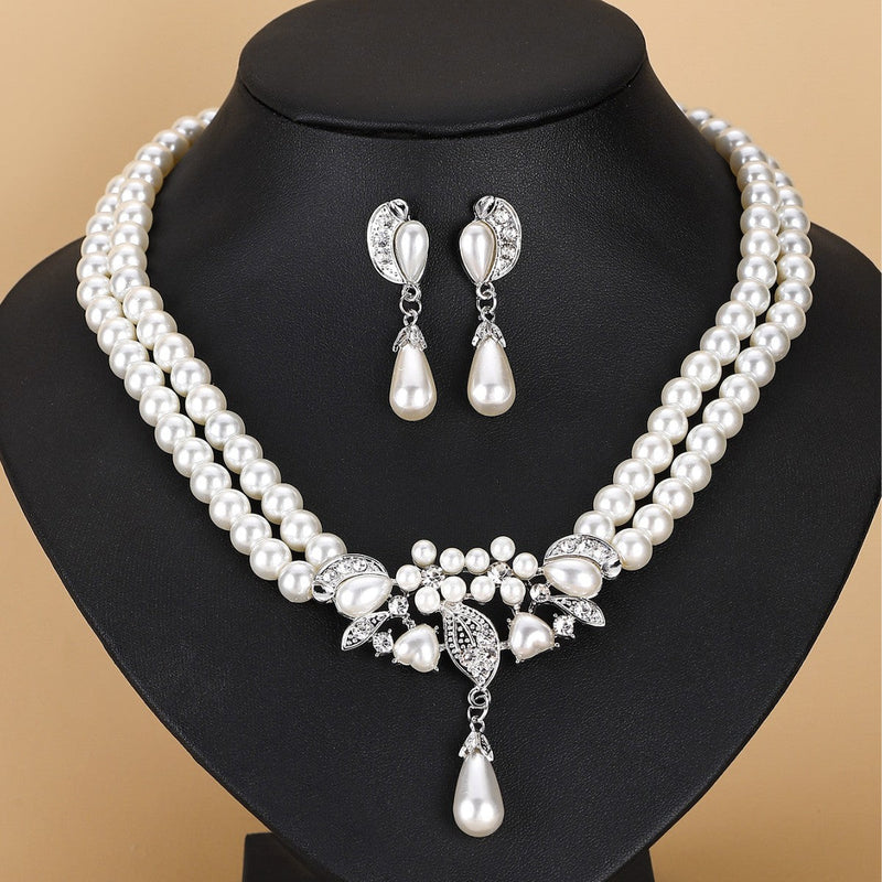 Pearl Crystal Necklace Drop Earrings Jewelry Set