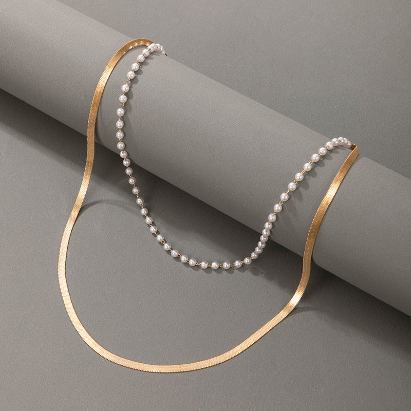 Multilayer Pearl Flat Blade Chain Choker Necklace