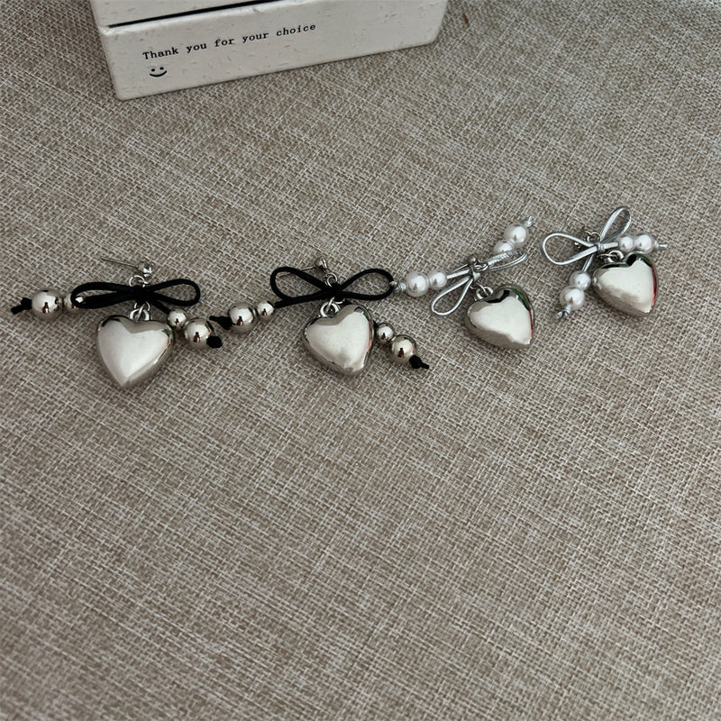 Heart Pendant White Imitation Pearl Bow Ribbon Choker Necklace for Women