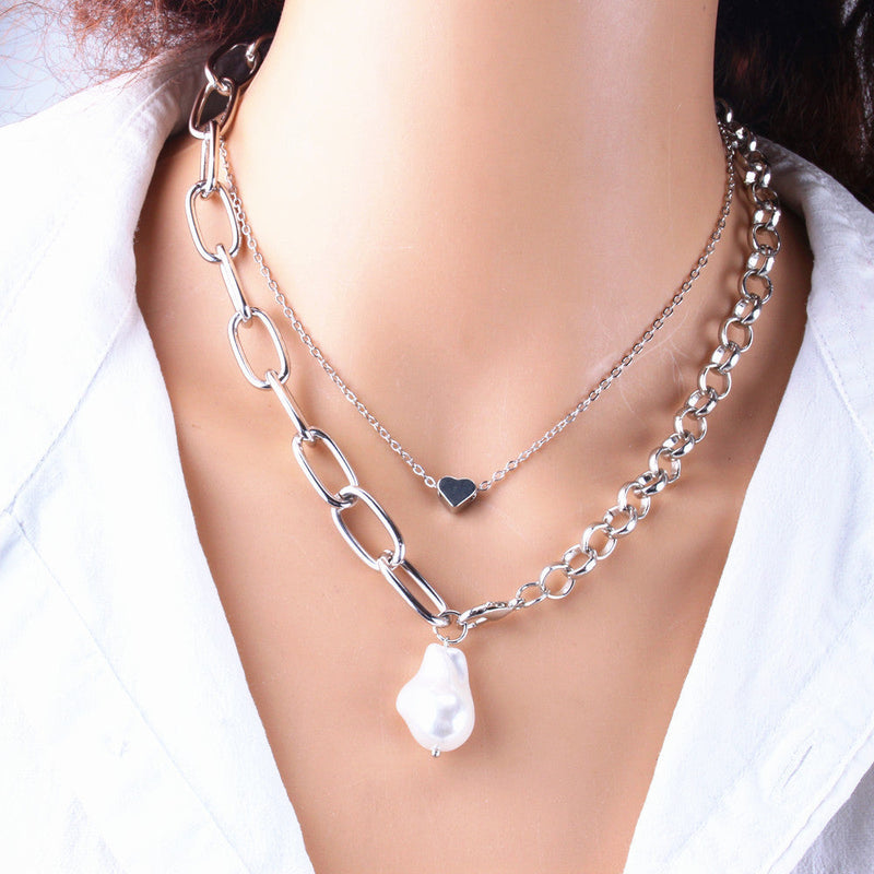 Baroque Pearl Heart layer Chain Necklace