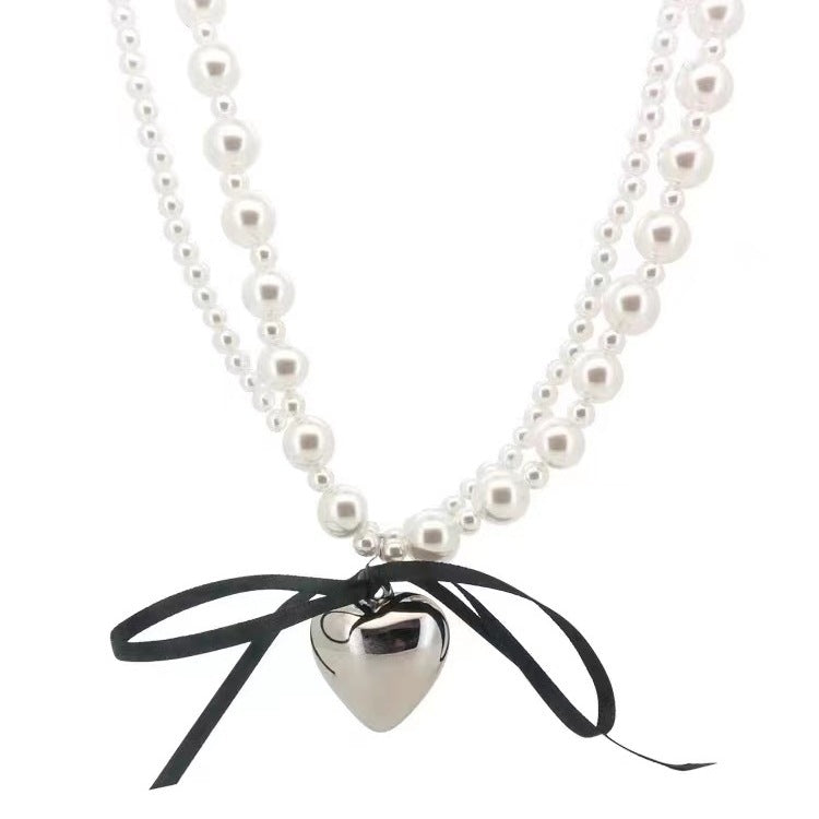 Black Ribbon Bow Heart Pendant Necklace for Women