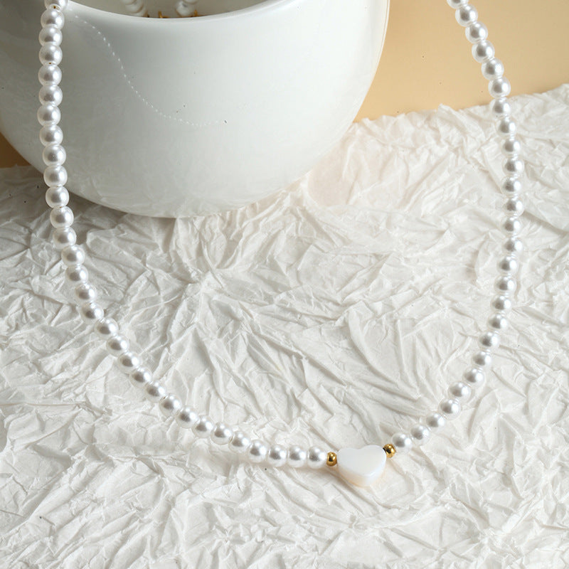 Fashion Shell Heart Imitation Pearls Necklace Handmade Pearl Beaded Choker Necklace