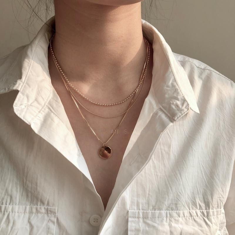 Multi 3 Layers Chain Metallic Metal Round Disc Pendant Necklace
