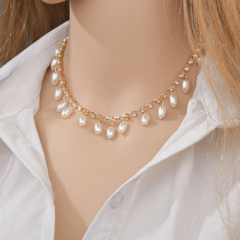 Elegant Faux Pearl Pendant Necklaces Rhinestone