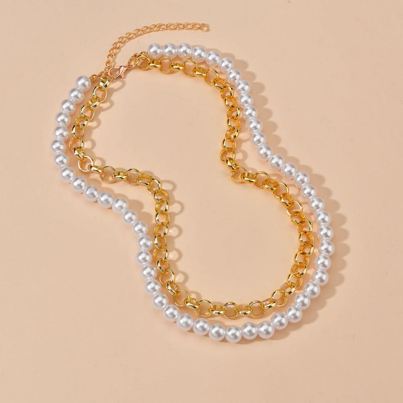 Double Layer Pearl Chain and Cuban Link Necklaces
