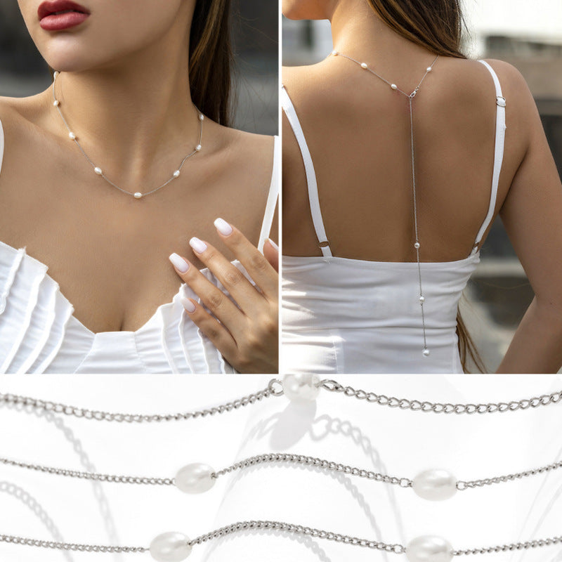 Long Tassel Back Chain Pearl Bead Necklace