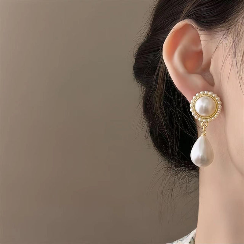 Pearl Double Clavicle Chain Stone Round Pearl Earring Necklace Set