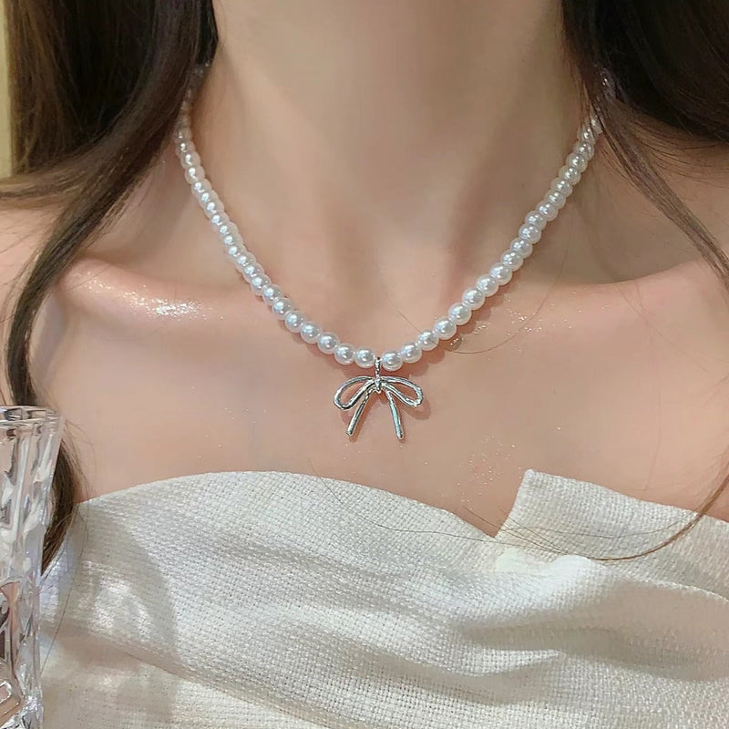 Bow Knot Shape Necklace Women Pearl Beads Necklace