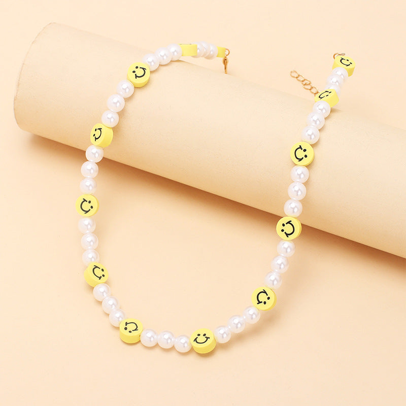 Bohemian Style Smiley Face and White Resin Pearl Necklace