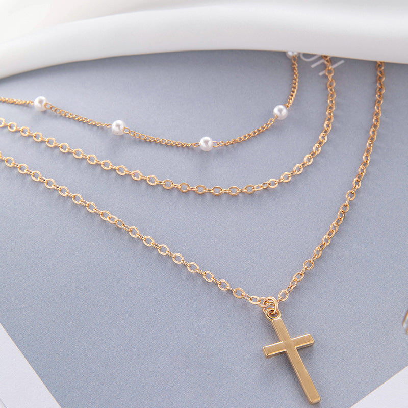 Multi-Layer Chain Pearl Cross Necklace