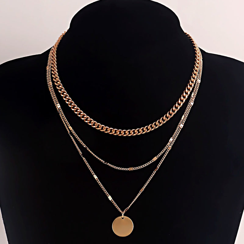 Multi Layered Chain Necklace for Women with Round Charm Pendant