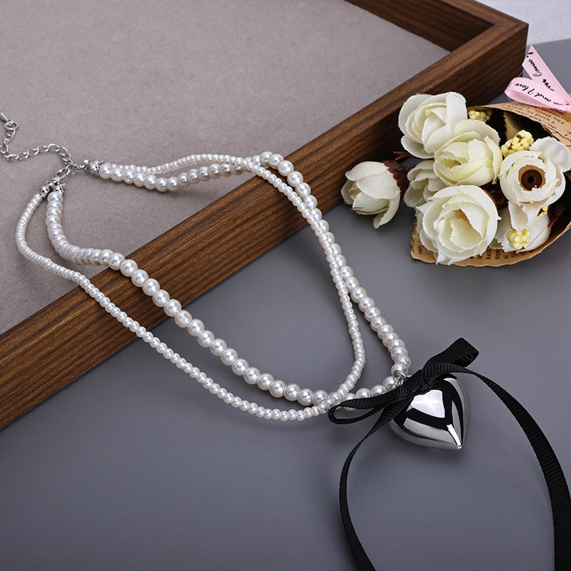 Vintage Love Charm Double Layer Pearl Choker Necklace Ribbon Bow