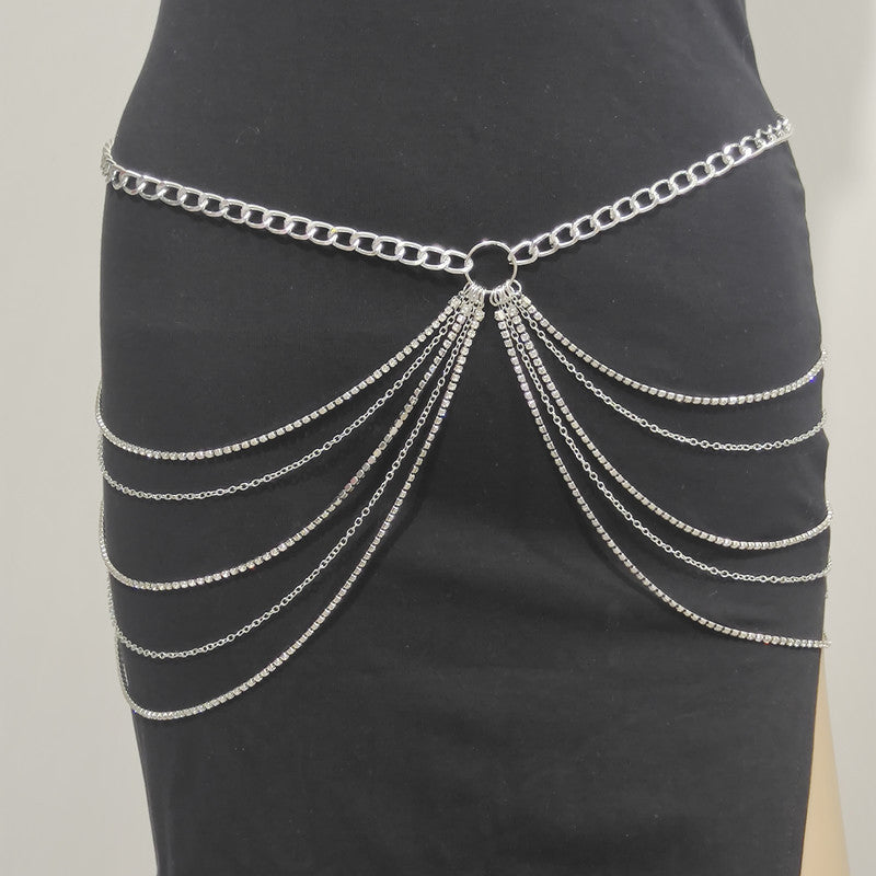 Fashion Metal Rhinestone Waist Chain Tassel Multi-layer Waist Chain