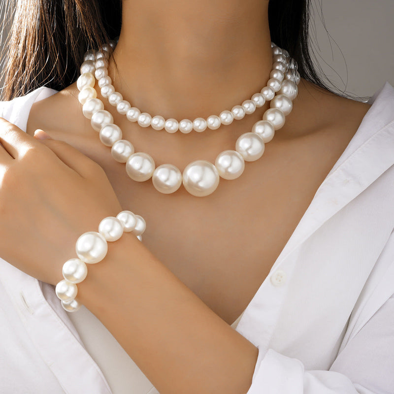 Large Big Pearl Bead Necklace Bracelet Set Women's Jewelry Sets