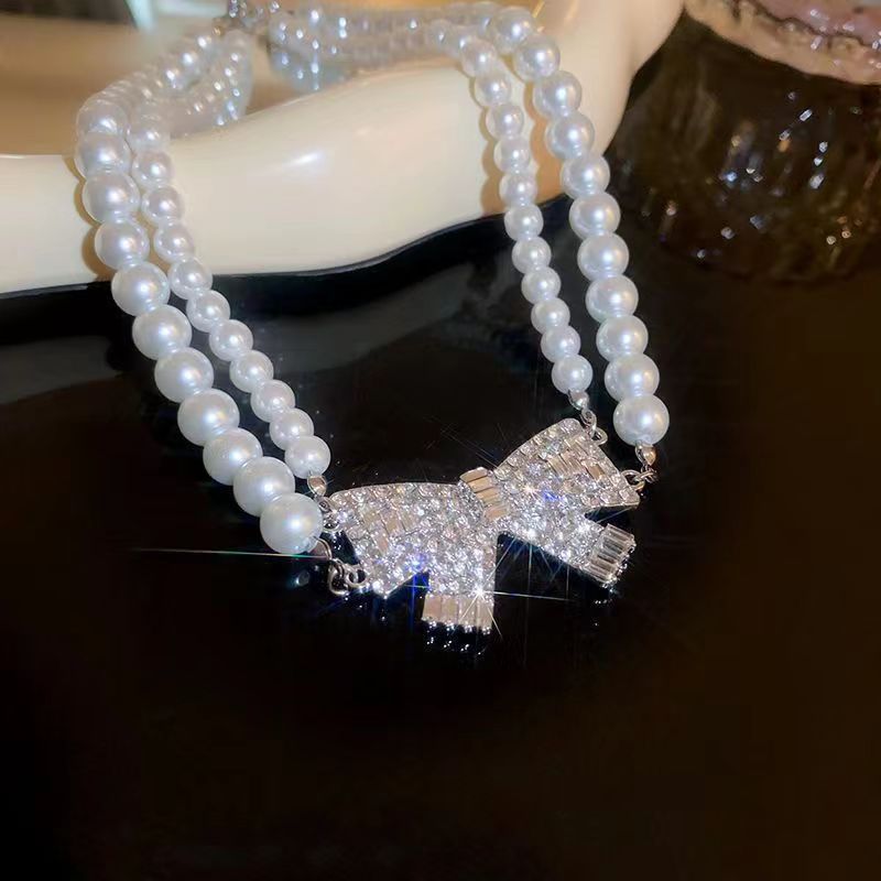Full Stone Baroque Pearl Double-layer Bow Pendant Necklace