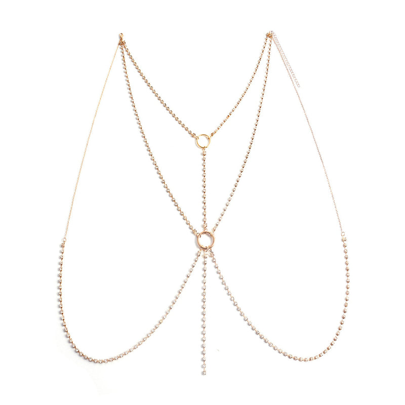 Women Rhinestone Long Necklace Breast Chain