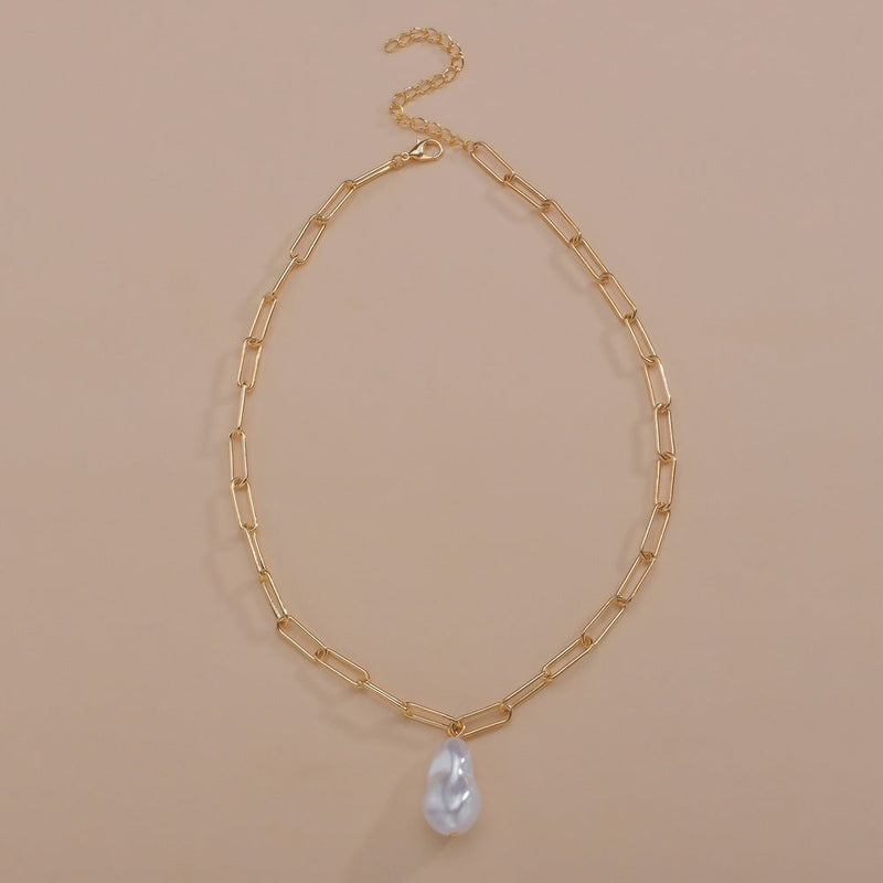 Paper Clip Chain Necklace Baroque Large Pearl Pendant