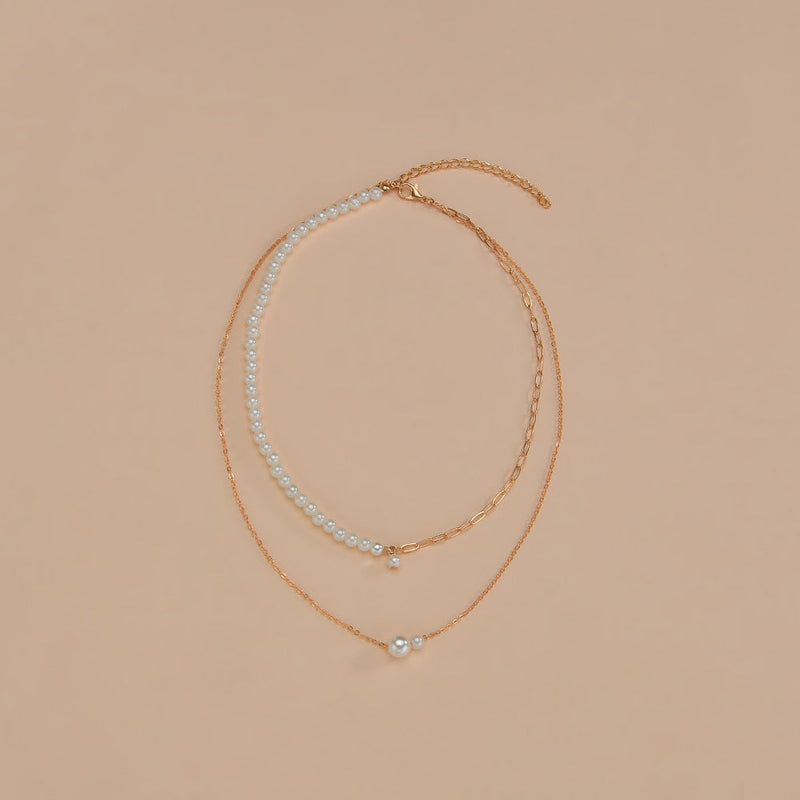 Chain Gold Bead Necklace Pearl Pendant Choker Multi Layer