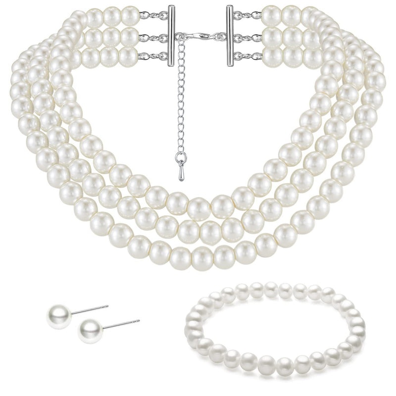 Vintage Dainty Multilayer Faux Pearl Choker Necklaces and Earrings