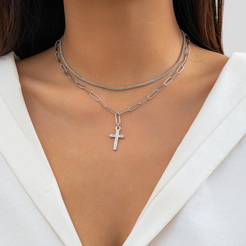 Retro Rhinestone Cross Pendant Multi-layer Chain Necklace Jewelry