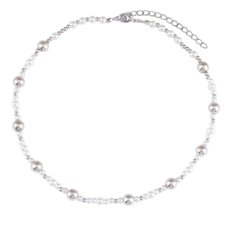 Silver Bead Pearl Beaded Choker Necklaces