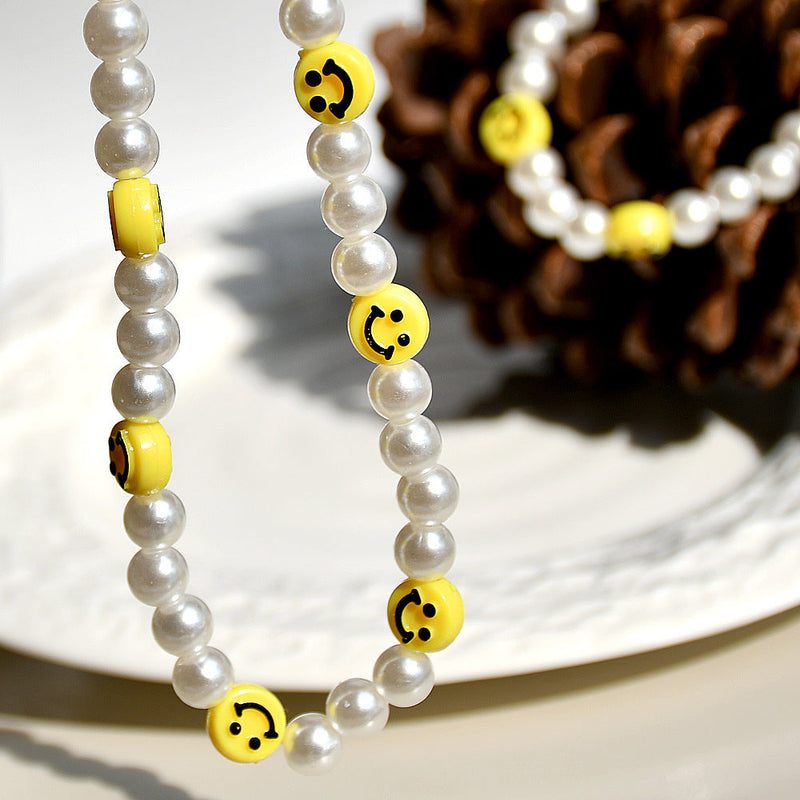 Pearl Beaded Smile Face Bead Choker Necklace for Women