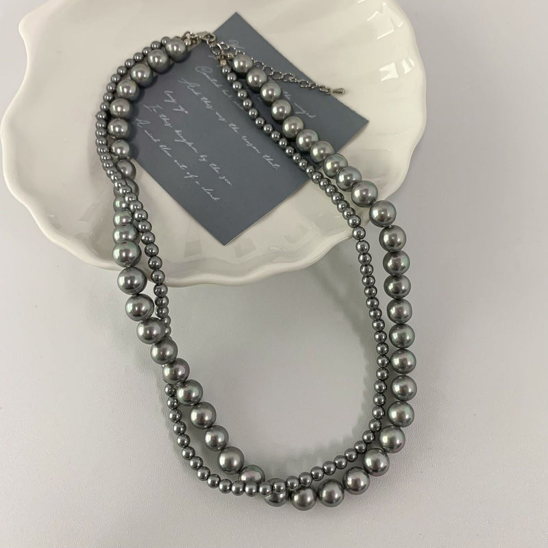 Grey Glass Layer Pearl Beaded Necklaces