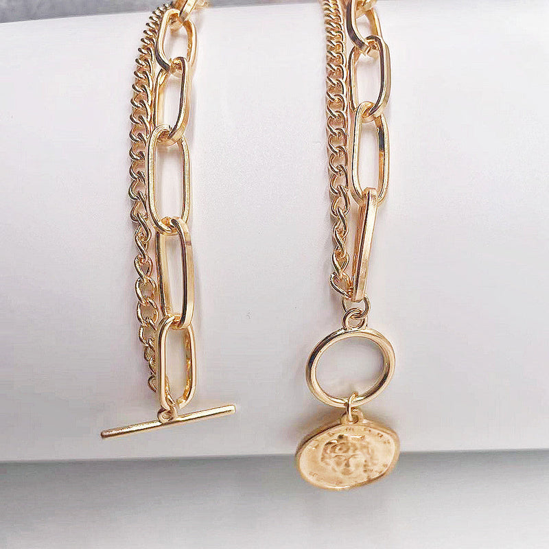 Double Layer Stacked Women Necklace Circular Pendant