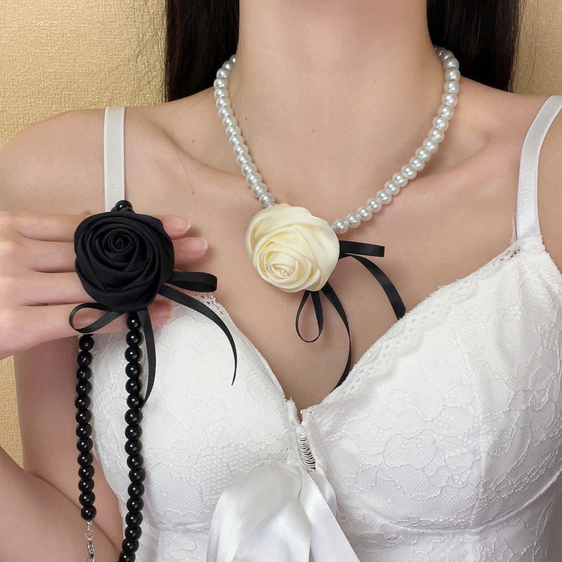 Elegant Rose Flower Pearl Chain Necklace