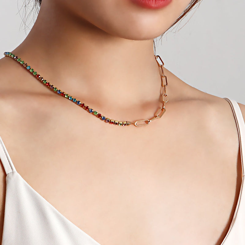 Paper Clip Chain with Colorful Zirconia Tennis Necklace