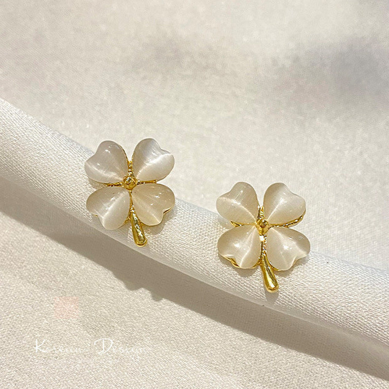 Elegant Opal Love Heart Four Leaf Clover Stud Earrings