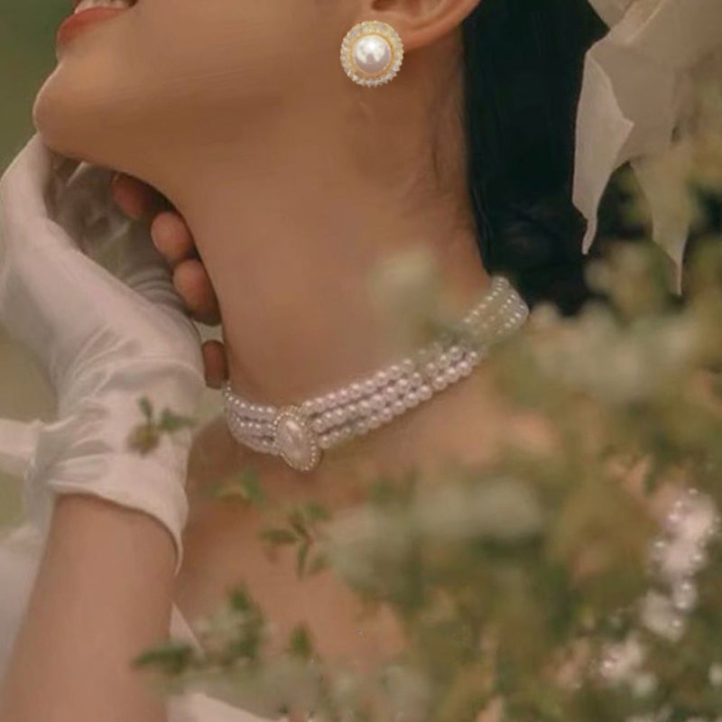 Layers White Pearl Bib Statement Necklace Earring Set