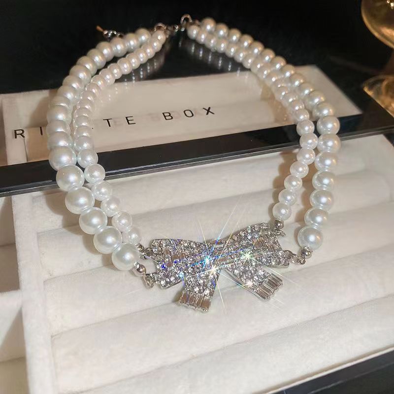 Full Stone Baroque Pearl Double-layer Bow Pendant Necklace
