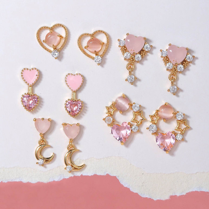 16 Pairs Pink Heart Stud Hoop Huggies Drop Earrings Set, 18K Gold Plated Stacking CZ & Pearl Designs, Planet Snowflake Moon Star | Cubic Zirconia