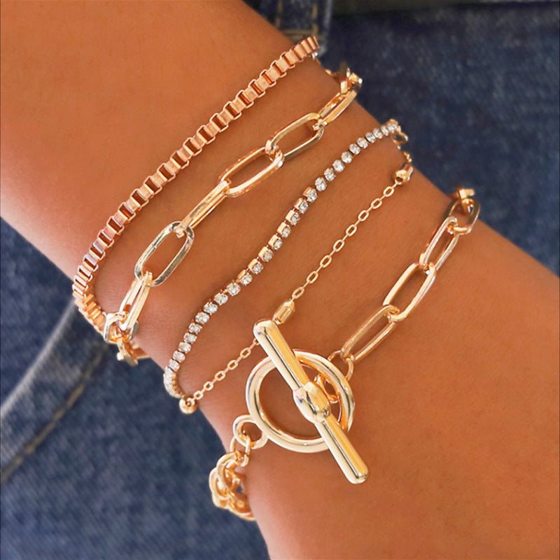 Multi-layer Rhinestone Chain Geometric Hollow Heart Bracelet