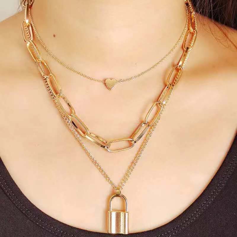 Multi-layer Chain Heart Lock Shaped Pendant Necklace