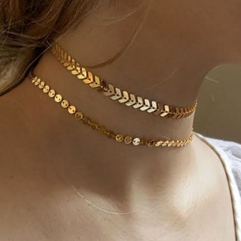 Layered Choker Metal Disc Chain Necklace