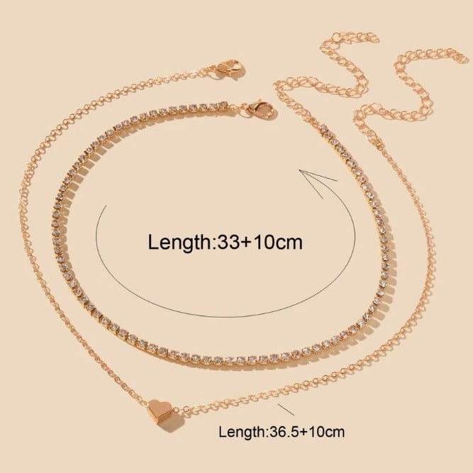 Layer Heart Rhinestone Chain Necklace